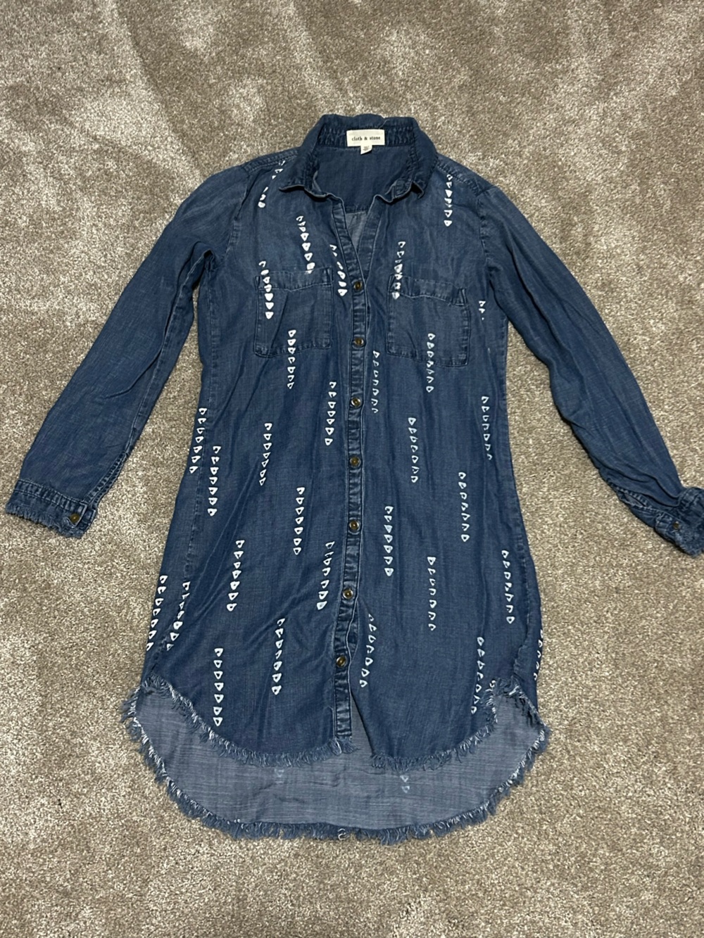 Cloth & Stone XS Tencel Chambray Shirt Dress Frayed Hem Boho Western - Picture 2 of 8